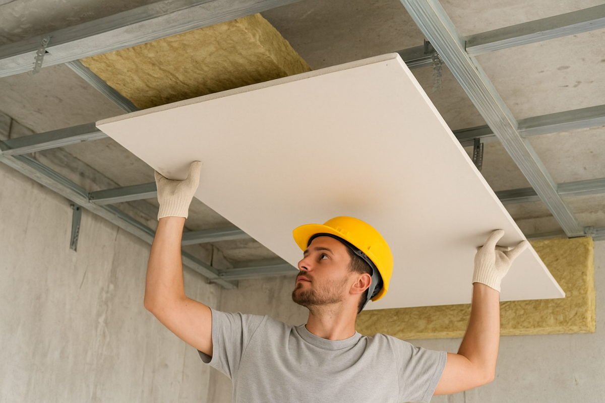 سقف کاذب کناف دو لایه در حال نصب، با نمایش لایه عایق صوتی